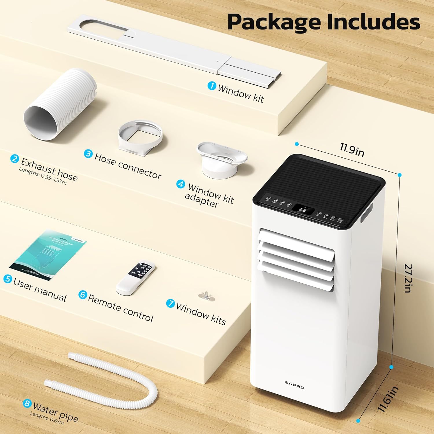 ZAFRO 10,000 BTU Portable Air Conditioners, Cool/Fan/Dehumidifier/Sleep Modes Portable AC with Remote/LED Display/24Hrs Timer/Installation Kits for Home/Office/Dorms, White