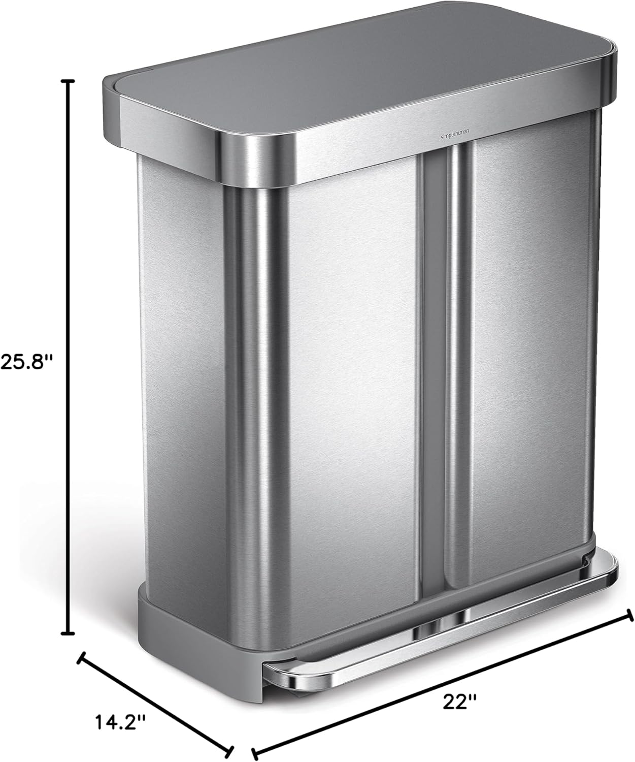 58L / 15.3 Gal Dual Compartment Rectangular Step Recycling Bin, Brushed Stainless Steel with Soft-Close Lid