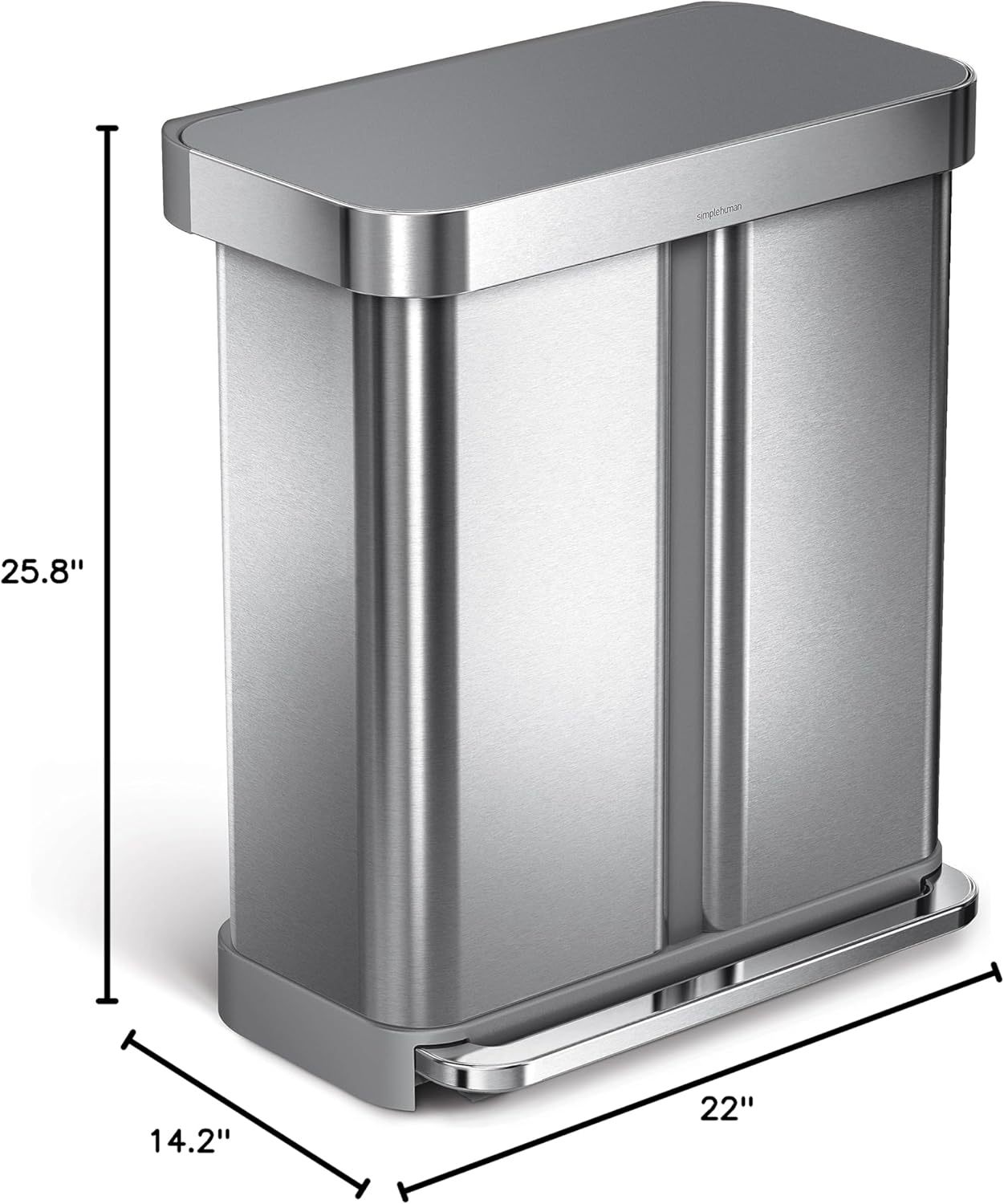 58L / 15.3 Gal Dual Compartment Rectangular Step Recycling Bin, Brushed Stainless Steel with Soft-Close Lid