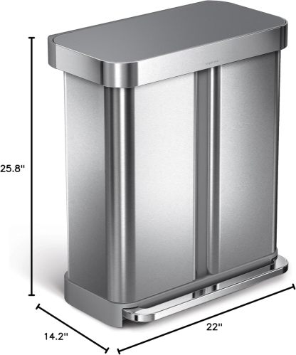 58L / 15.3 Gal Dual Compartment Rectangular Step Recycling Bin, Brushed Stainless Steel with Soft-Close Lid