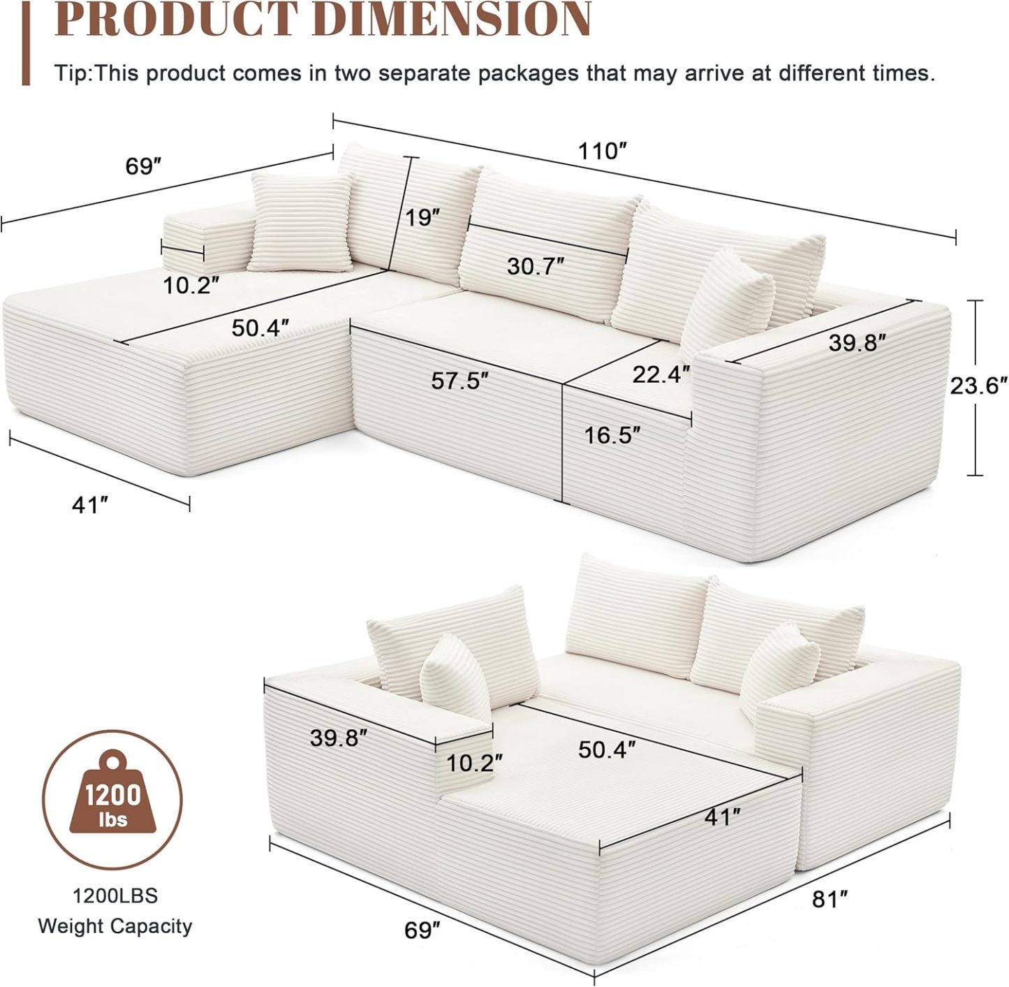 110” Cloud Sectional Couch, Boneless Sofa for Living Room 