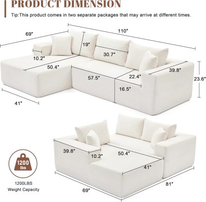 110” Cloud Sectional Couch, Boneless Sofa for Living Room 