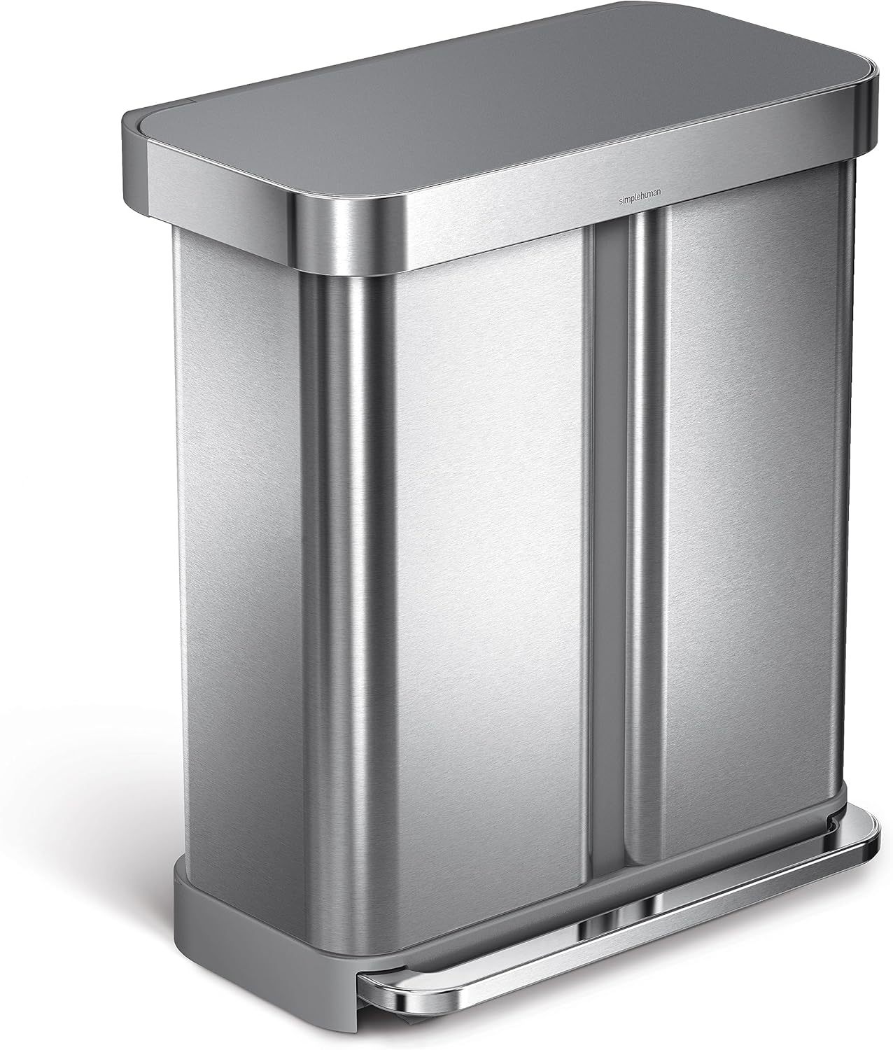 58L / 15.3 Gal Dual Compartment Rectangular Step Recycling Bin, Brushed Stainless Steel with Soft-Close Lid