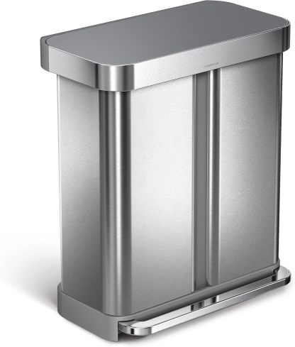58L / 15.3 Gal Dual Compartment Rectangular Step Recycling Bin, Brushed Stainless Steel with Soft-Close Lid
