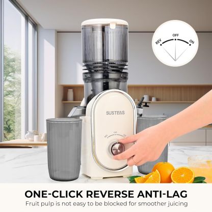 SUSTEAS Cold Press Juicer, 5.3" Feed Chute Slow Masticating Machines with 300W, Fit Whole Fruits & Vegetables, Easy to Clean, High Juice Yield, White