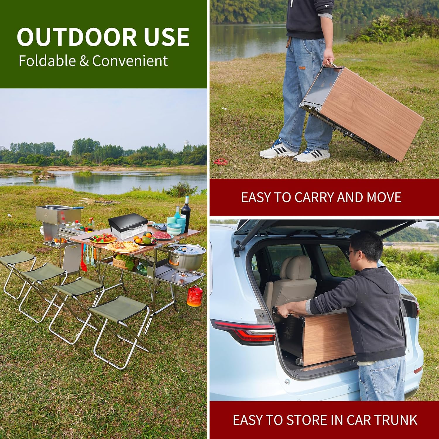 Outdoor Mobile Kitchen Portable Grill Cart, All-in-One Stainless Steel Foldable Camping Table, with Cleaning, Chopping, Cooking and Food Preparation Functions, for Camping, Rving, Family Gatherings