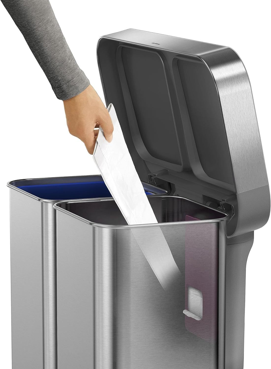 58L / 15.3 Gal Dual Compartment Rectangular Step Recycling Bin, Brushed Stainless Steel with Soft-Close Lid