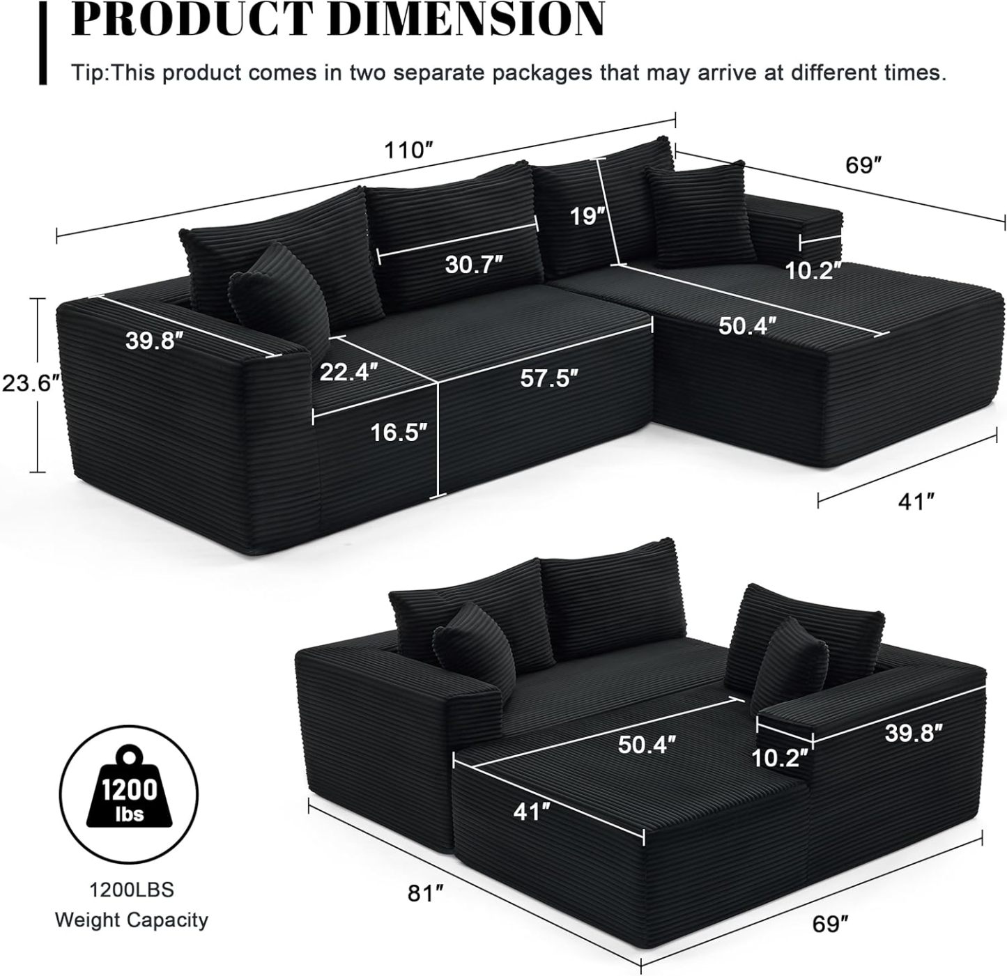 110” Cloud Sectional Couch, Boneless Sofa for Living Room 