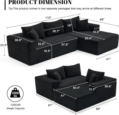 110” Cloud Sectional Couch, Boneless Sofa for Living Room 