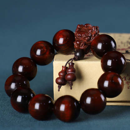 Buddha Stones Rosewood Green Sandalwood Small Leaf Red Sandalwood Agarwood Dragon Carved Protection Bracelet Bracelet BS Small Leaf Red Sandalwood