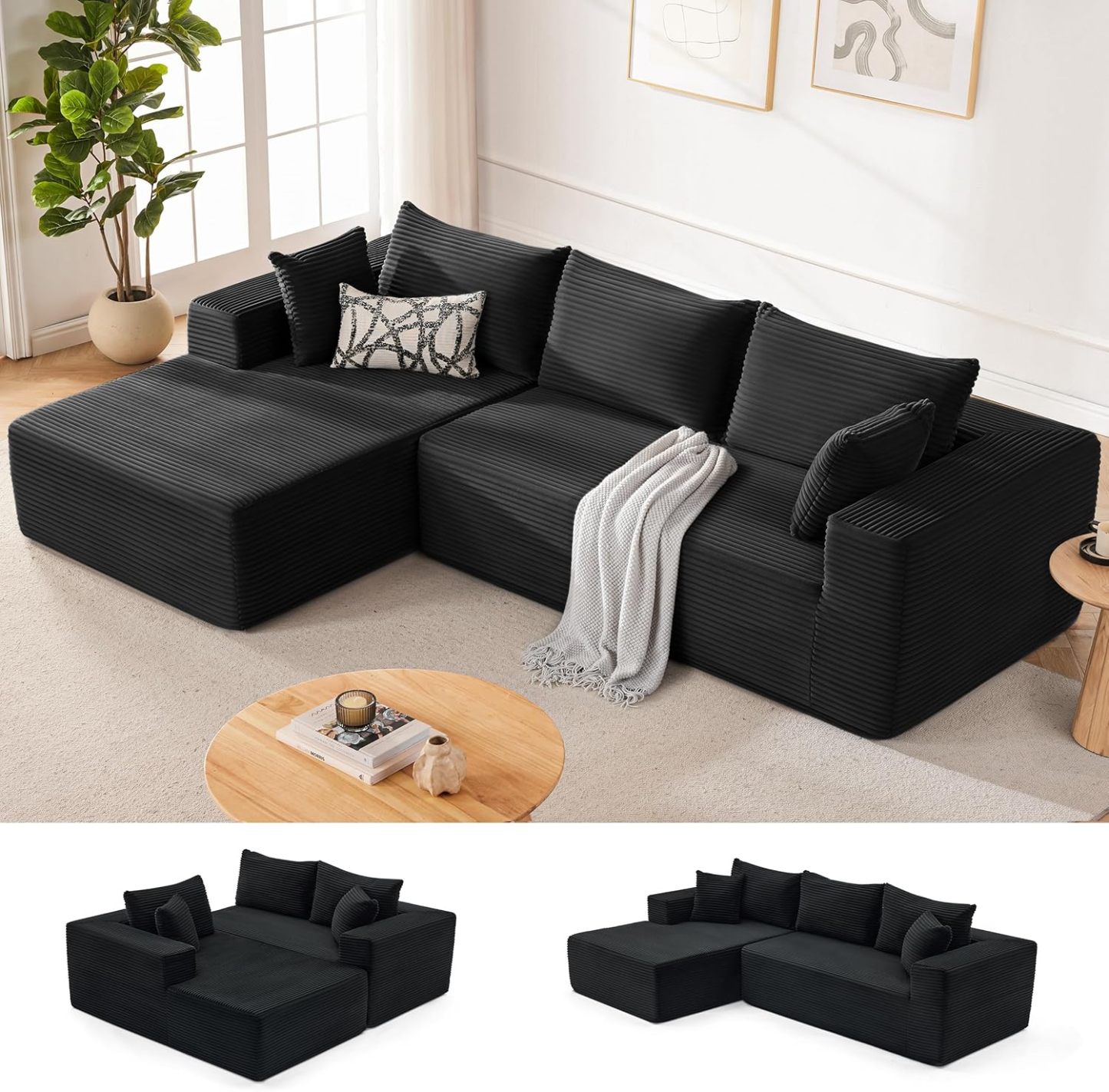 110” Cloud Sectional Couch, Boneless Sofa for Living Room 