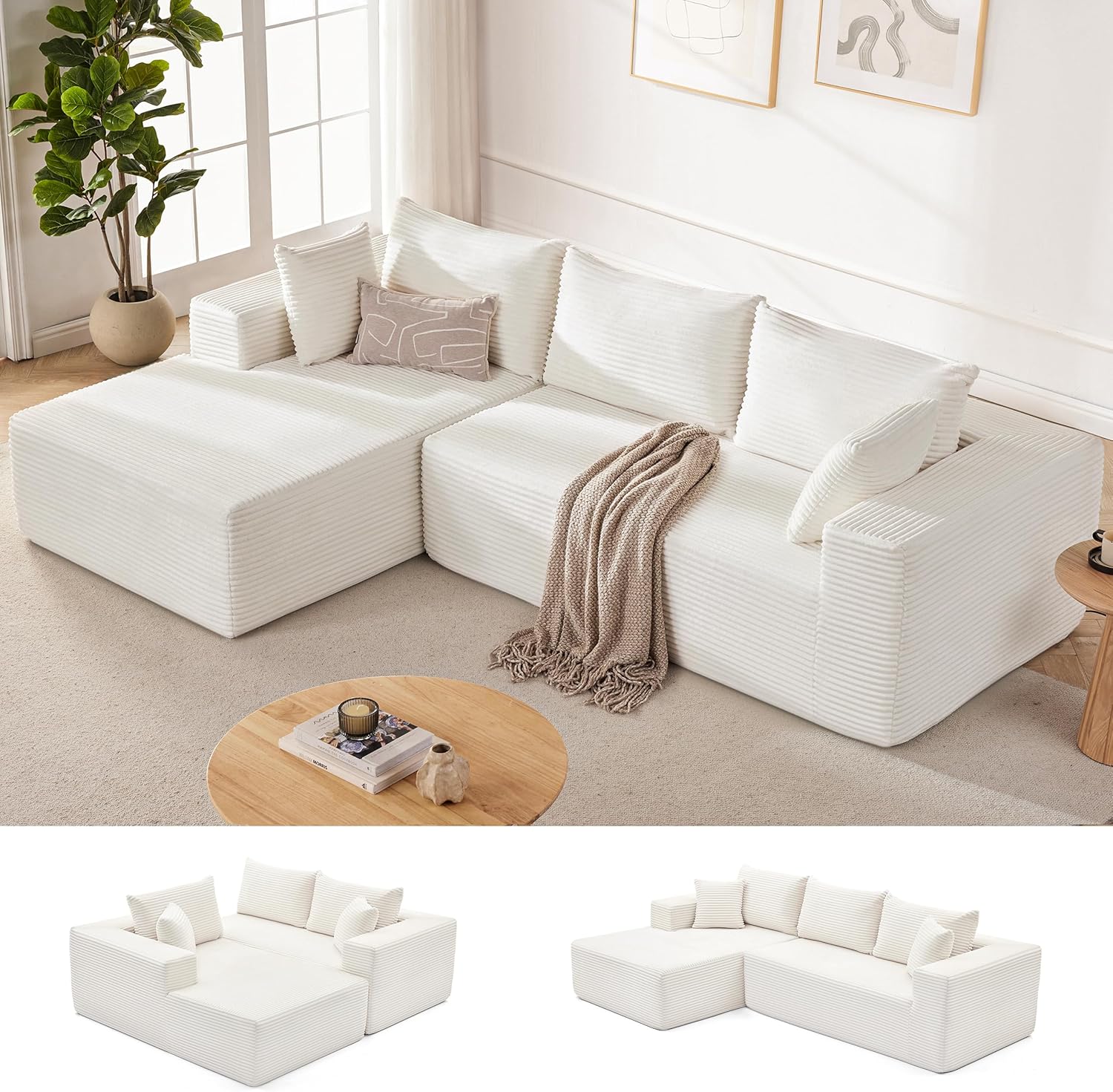 110” Cloud Sectional Couch, Boneless Sofa for Living Room 