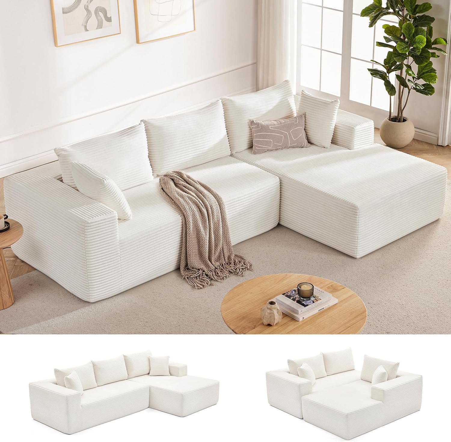 110” Cloud Sectional Couch, Boneless Sofa for Living Room 