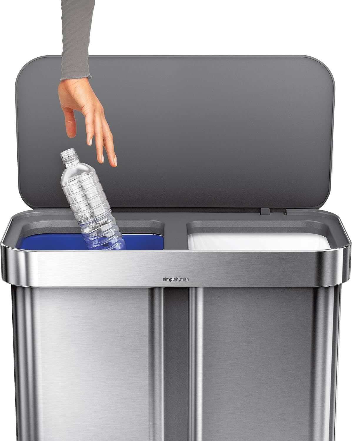 58L / 15.3 Gal Dual Compartment Rectangular Step Recycling Bin, Brushed Stainless Steel with Soft-Close Lid