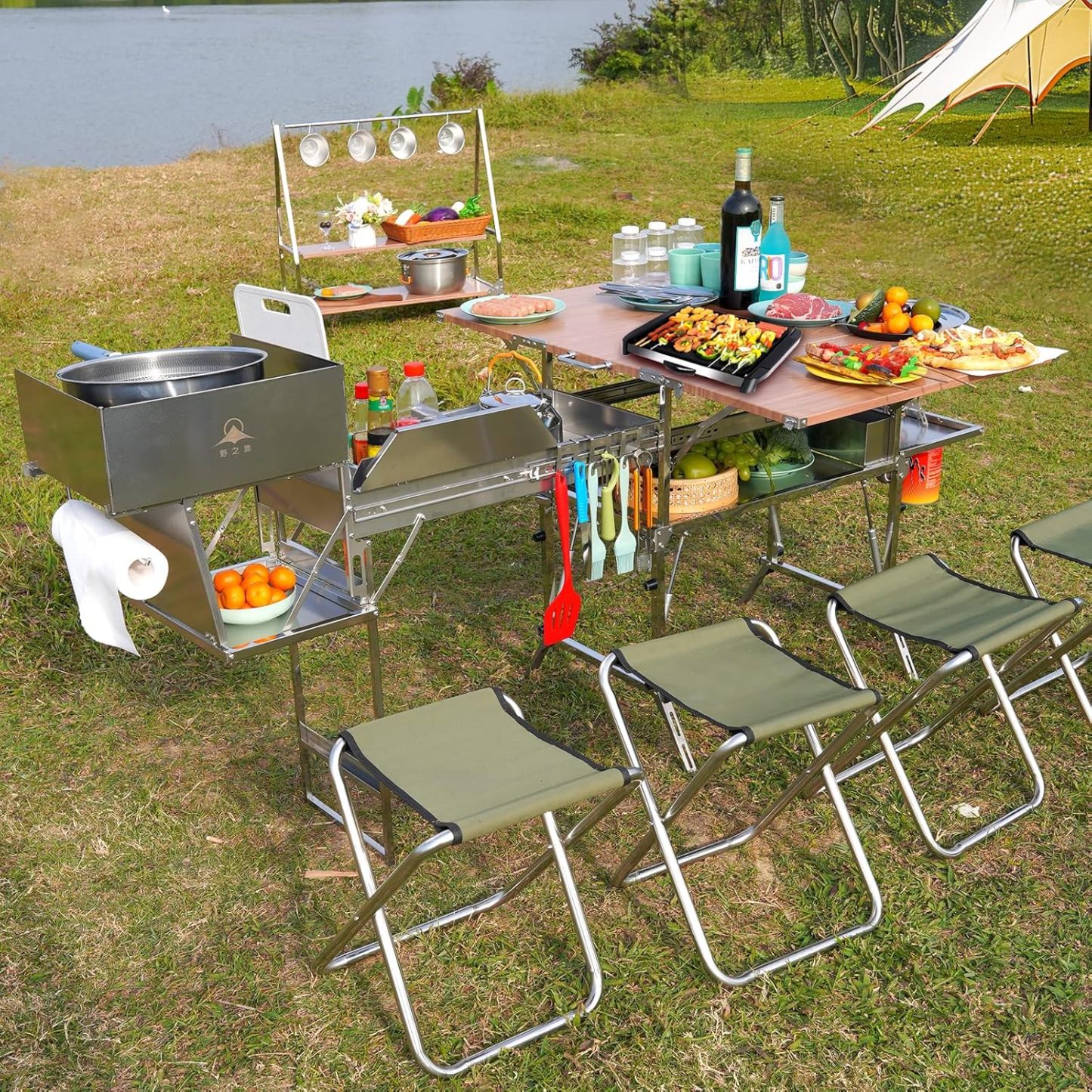 Outdoor Mobile Kitchen Portable Grill Cart, All-in-One Stainless Steel Foldable Camping Table, with Cleaning, Chopping, Cooking and Food Preparation Functions, for Camping, Rving, Family Gatherings
