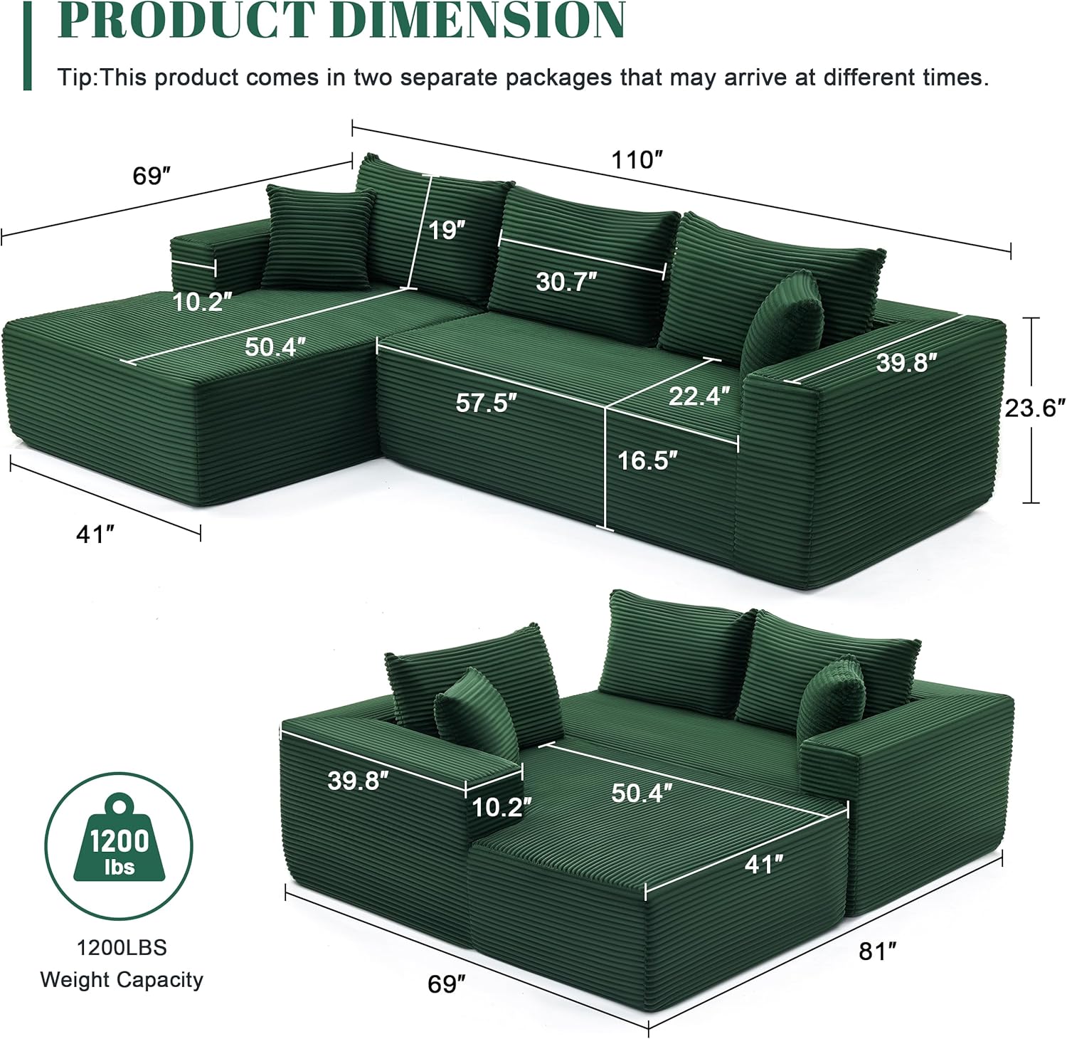 110” Cloud Sectional Couch, Boneless Sofa for Living Room 