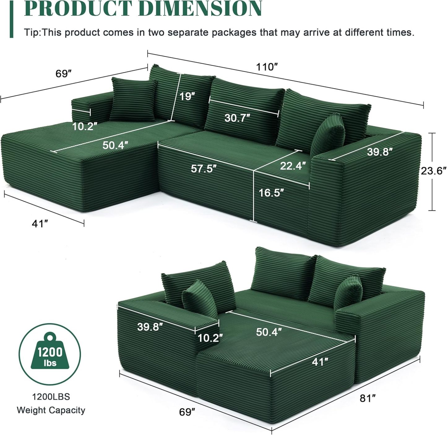 110” Cloud Sectional Couch, Boneless Sofa for Living Room 