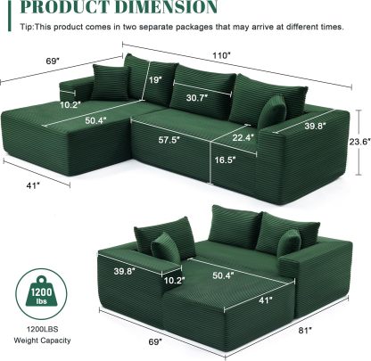 110” Cloud Sectional Couch, Boneless Sofa for Living Room 