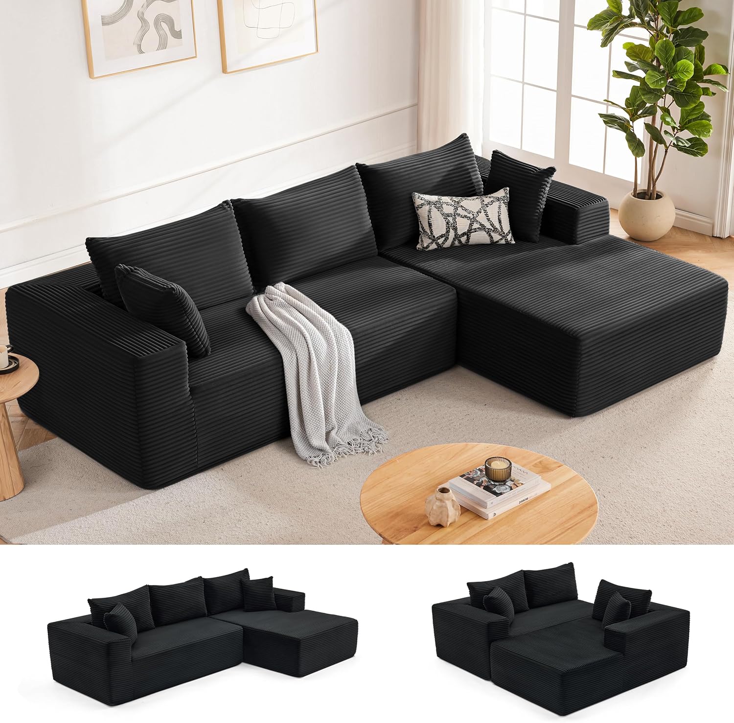 110” Cloud Sectional Couch, Boneless Sofa for Living Room 