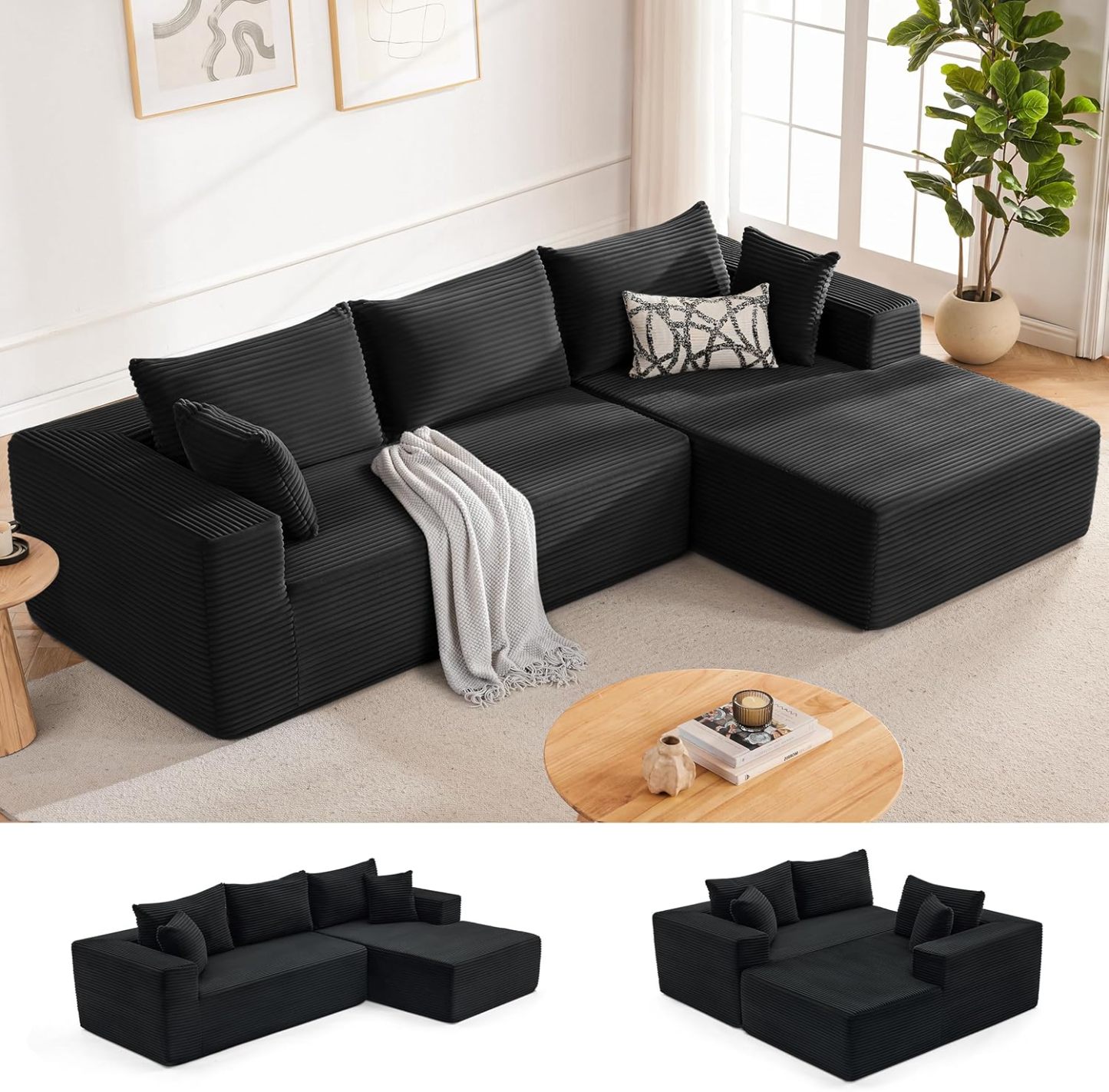 110” Cloud Sectional Couch, Boneless Sofa for Living Room 