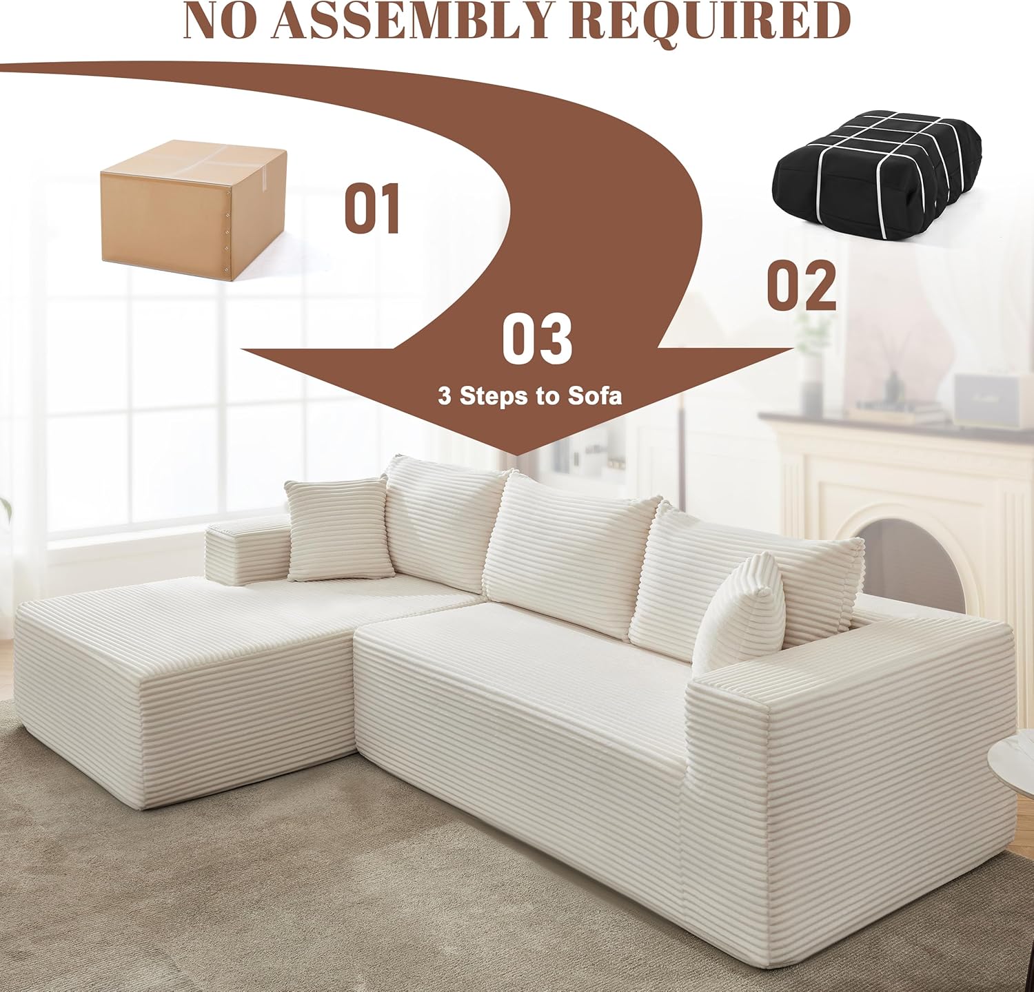 110” Cloud Sectional Couch, Boneless Sofa for Living Room 
