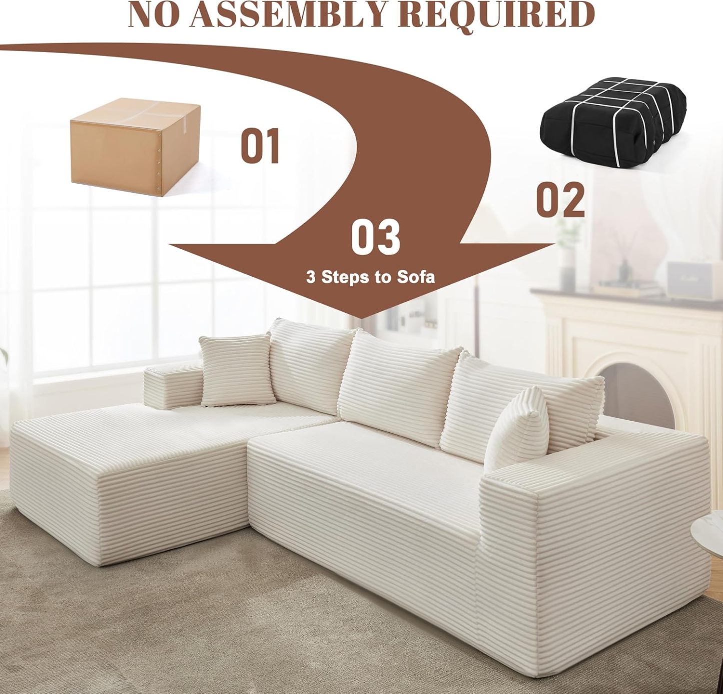 110” Cloud Sectional Couch, Boneless Sofa for Living Room 