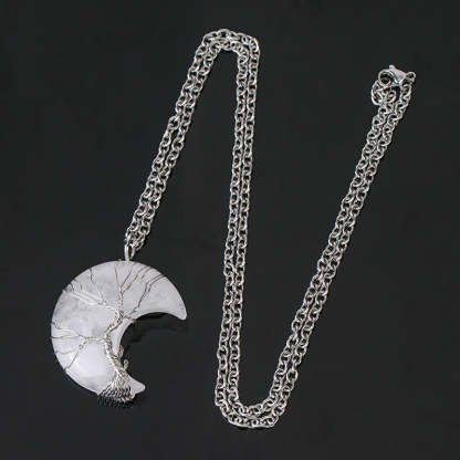 Buddha Stones Natural Quartz Crystal Moon Tree Of Life Healing Energy Necklace Pendant Necklaces & Pendants BS 10