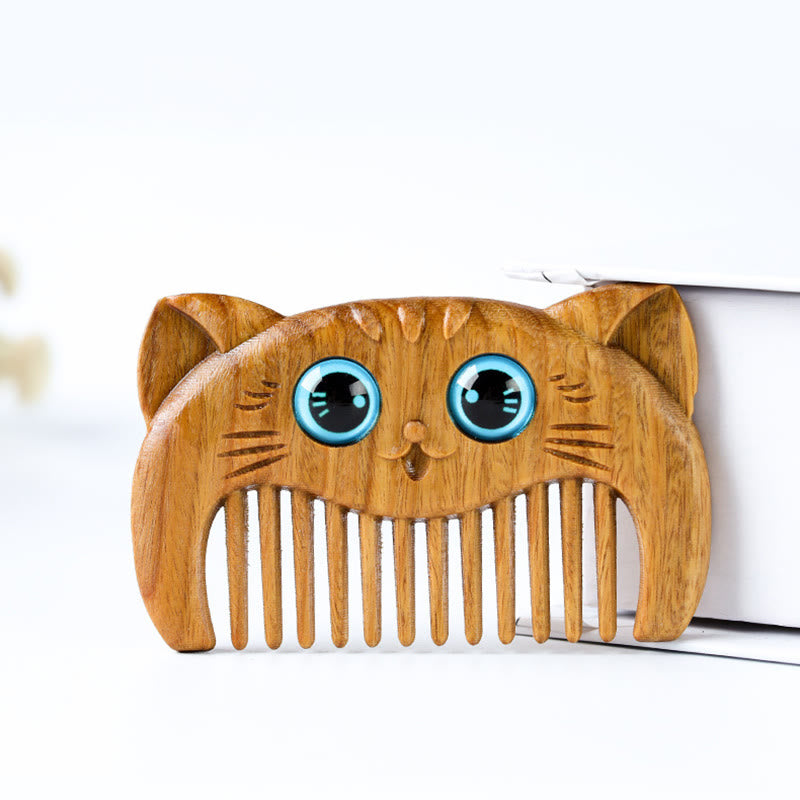 Buddha Stones Simple Cat Pattern Green Sandalwood Cure Portable Comb Comb BS 9