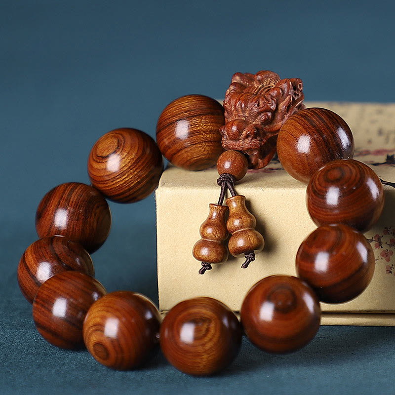 Buddha Stones Rosewood Green Sandalwood Small Leaf Red Sandalwood Agarwood Dragon Carved Protection Bracelet Bracelet BS 1