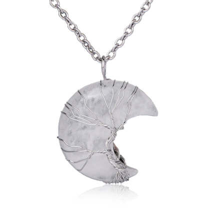 Buddha Stones Natural Quartz Crystal Moon Tree Of Life Healing Energy Necklace Pendant Necklaces & Pendants BS White Quartz