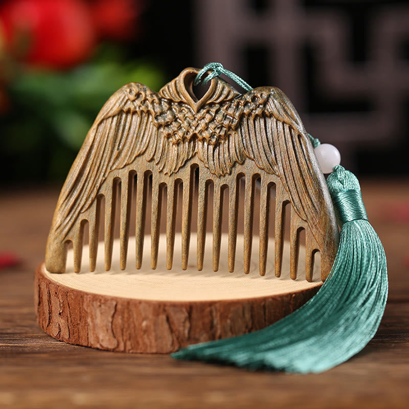 Buddha Stones Green Sandalwood Fox Peony Flower Lotus Engraved Cure Tassel Comb Comb BS Angel Wings Green Sandalwood