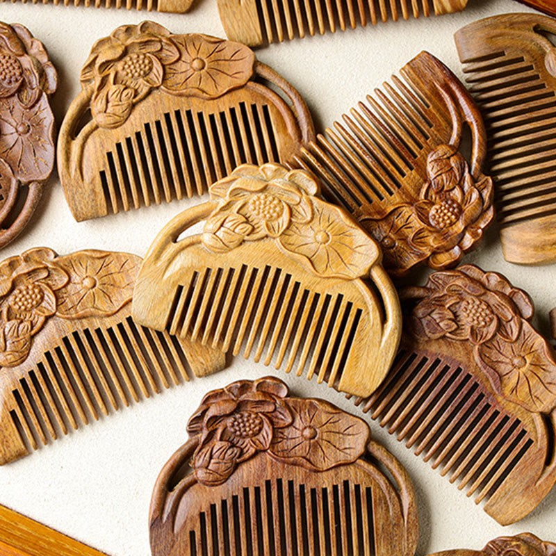 Buddha Stones Natural Green Sandalwood Lotus Flower Leaf Engraved Soothing Comb Comb BS 12