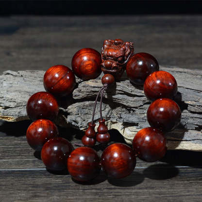 Buddha Stones Rosewood Green Sandalwood Small Leaf Red Sandalwood Agarwood Dragon Carved Protection Bracelet Bracelet BS 13