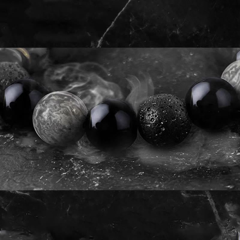Buddha Stones Black Obsidian Lava Rock Stone Yin Yang Strength Bracelet Bracelet BS 8