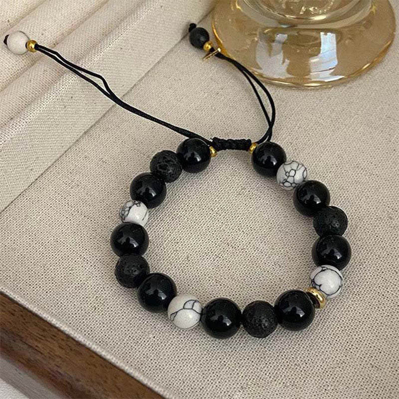 Buddha Stones Black Obsidian Lava Rock Stone Yin Yang Strength Bracelet Bracelet BS 10