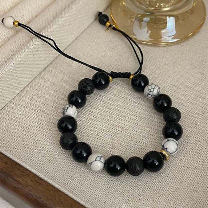 Buddha Stones Black Obsidian Lava Rock Stone Yin Yang Strength Bracelet Bracelet BS 10