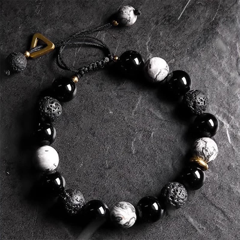 Buddha Stones Black Obsidian Lava Rock Stone Yin Yang Strength Bracelet Bracelet BS Black Obsidian&Lava Rock