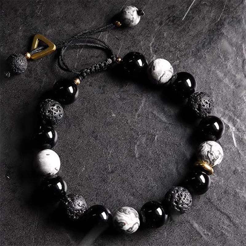 Buddha Stones Black Obsidian Lava Rock Stone Yin Yang Strength Bracele