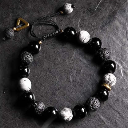 Buddha Stones Black Obsidian Lava Rock Stone Yin Yang Strength Bracelet Bracelet BS Black Obsidian&Lava Rock