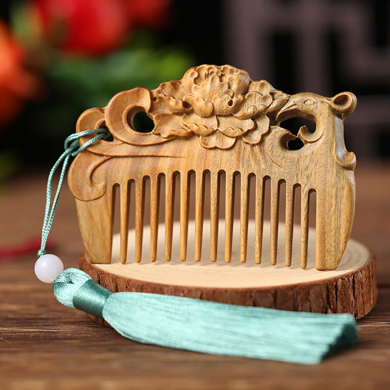 Buddha Stones Green Sandalwood Fox Peony Flower Lotus Engraved Cure Tassel Comb Comb BS Phoenix Peony Green Sandalwood