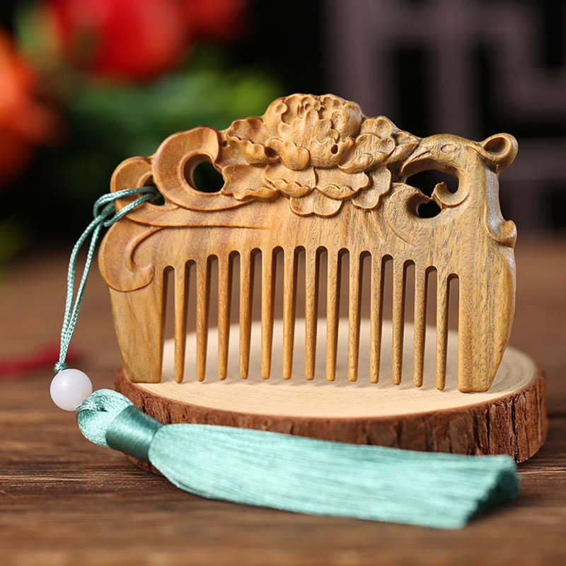 Buddha Stones Green Sandalwood Fox Peony Flower Lotus Engraved Cure Tassel Comb Comb BS Phoenix Peony Green Sandalwood