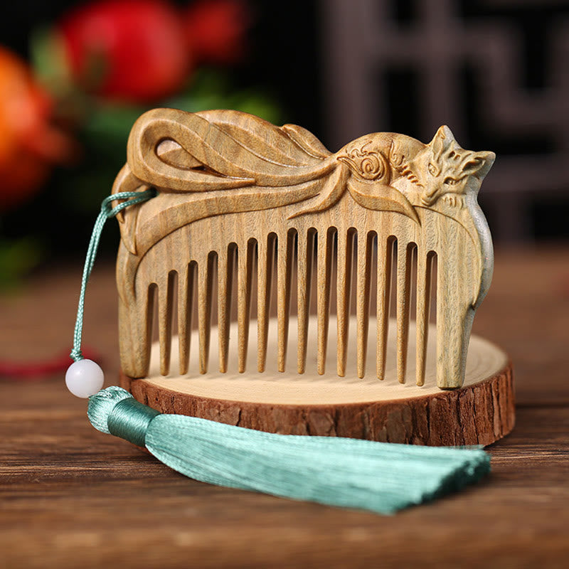 Buddha Stones Green Sandalwood Fox Peony Flower Lotus Engraved Cure Tassel Comb Comb BS Fox Green Sandalwood