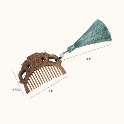 Buddha Stones Green Sandalwood Fox Peony Flower Lotus Engraved Cure Tassel Comb Comb BS 19