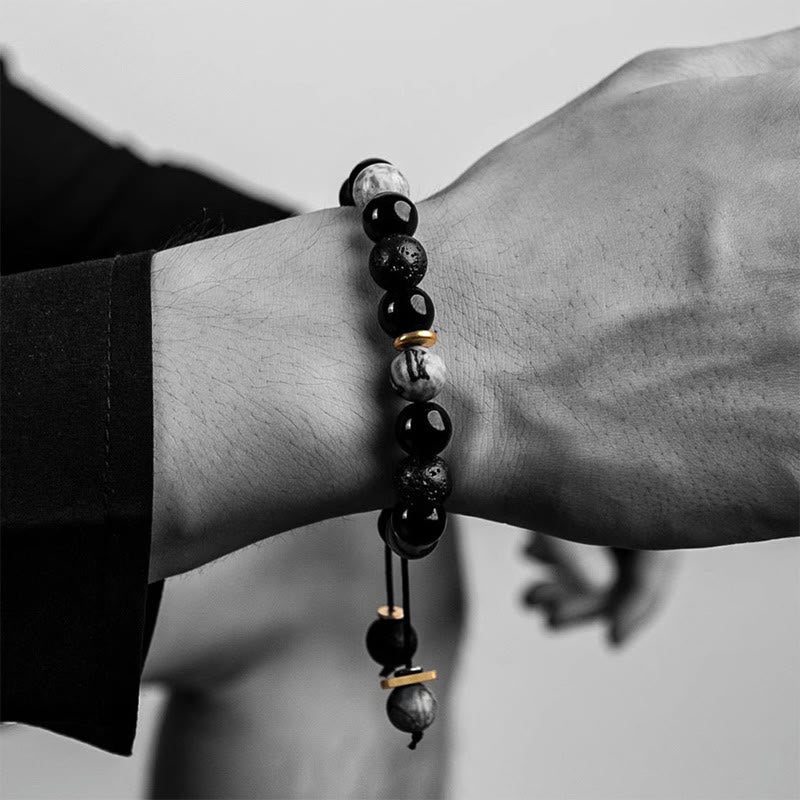 Buddha Stones Black Obsidian Lava Rock Stone Yin Yang Strength Bracelet Bracelet BS 3