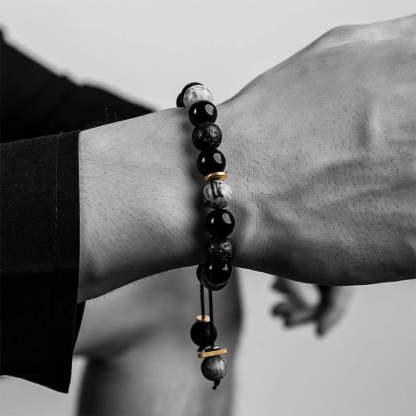 Buddha Stones Black Obsidian Lava Rock Stone Yin Yang Strength Bracelet Bracelet BS 3