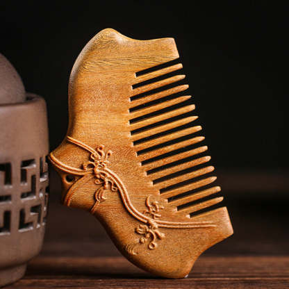 Buddha Stones Green Sandalwood Flower Pattern Engraved Soothing Comb Comb BS 3