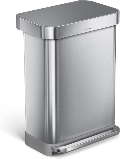 58L / 15.3 Gal Dual Compartment Rectangular Step Recycling Bin, Brushed Stainless Steel with Soft-Close Lid