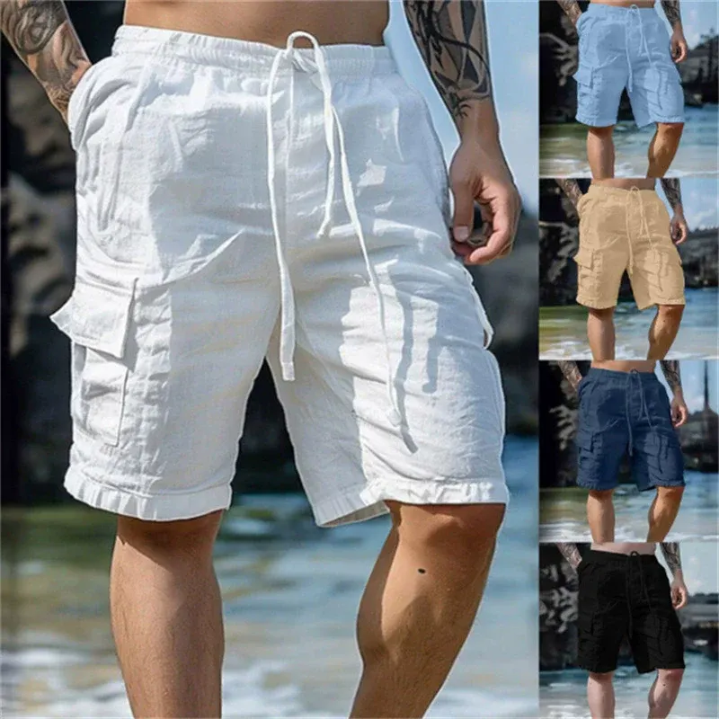 Men's Solid Color Cotton And Linen Drawstring Shorts