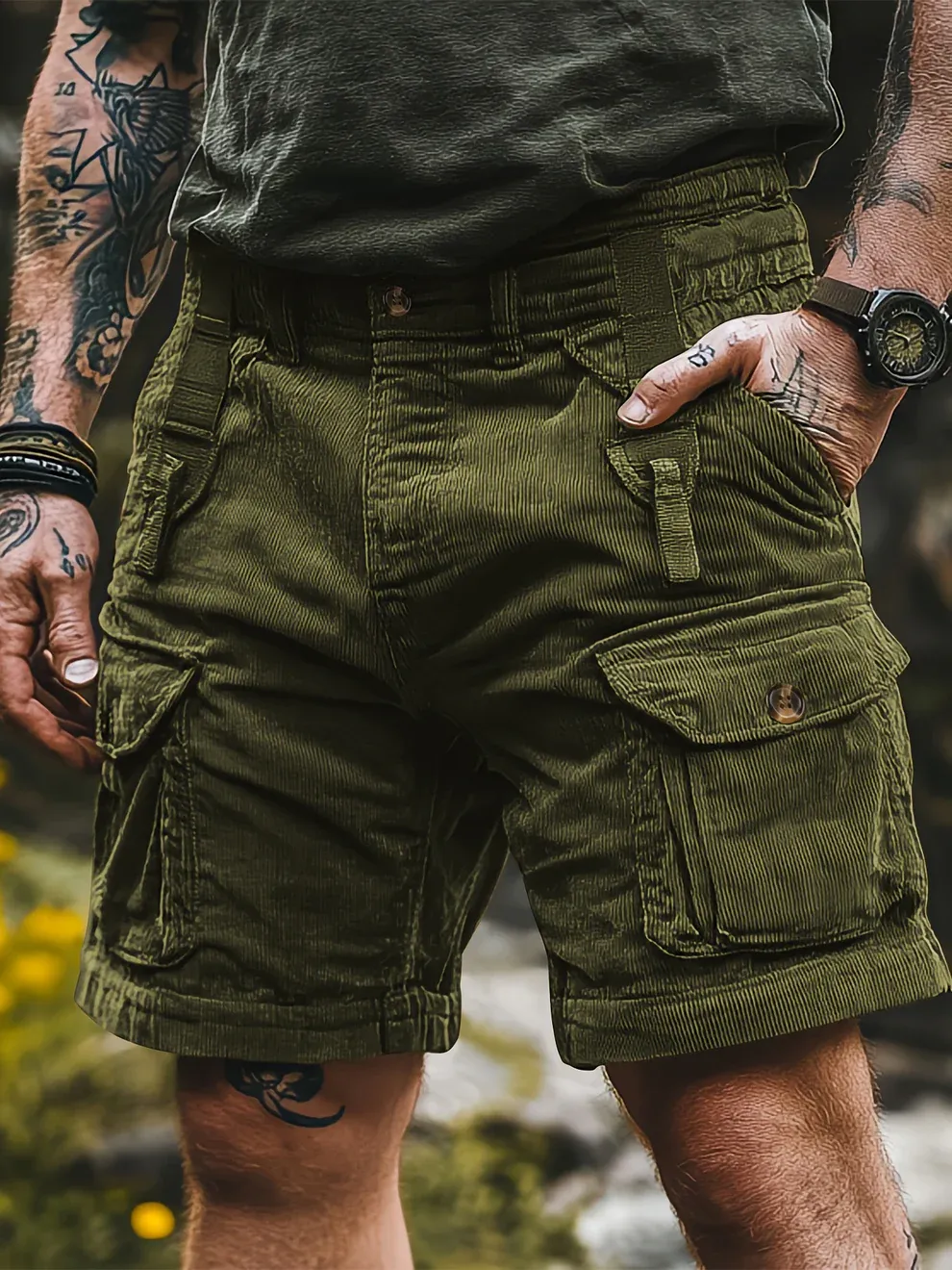 HomyJoy Men's Multi-Pocket Corduroy Cargo Shorts