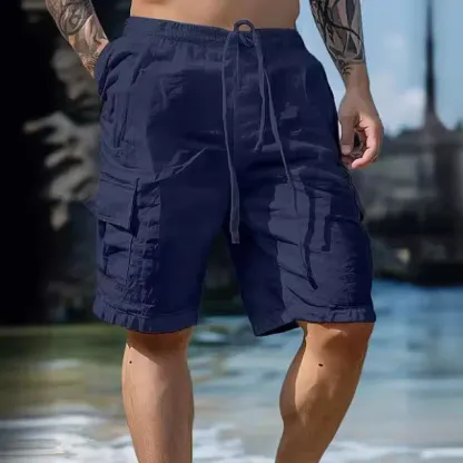Men's Solid Color Cotton And Linen Drawstring Shorts